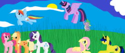 Size: 1024x437 | Tagged: safe, artist:sabrina-tellijohn, applejack, comet tail, fluttershy, pinkie pie, rainbow dash, rarity, spike, twilight sparkle, alicorn, pony, g4, cometshy, female, male, mane seven, mane six, mare, ship:twispike, shipping, straight, twilight sparkle (alicorn)