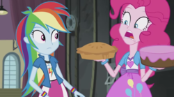 Size: 1276x708 | Tagged: safe, screencap, pinkie pie, rainbow dash, equestria girls, g4, my little pony equestria girls: friendship games, cake, duo, female, pie, pinkie being pinkie