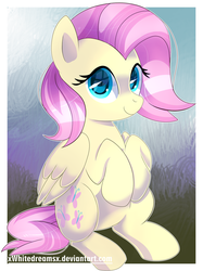 Size: 1394x1866 | Tagged: safe, artist:xwhitedreamsx, fluttershy, g4, alternate hairstyle, cute, female, shyabetes, sitting, solo