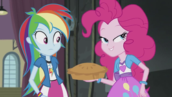 Size: 1280x720 | Tagged: safe, screencap, pinkie pie, rainbow dash, equestria girls, g4, my little pony equestria girls: friendship games, female, hilarious in hindsight, lidded eyes, out of context, pie, that pony sure does love pies