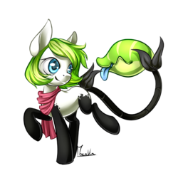 Size: 800x800 | Tagged: safe, artist:moenkin, oc, oc only, oc:mojito, oc:panda, monster pony, original species, piranha plant pony, augmented tail, clothes, scarf, signature, simple background, transparent background