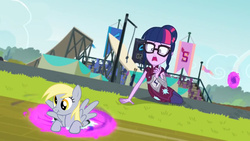 Size: 1024x576 | Tagged: safe, edit, edited screencap, screencap, derpy hooves, twilight sparkle, pegasus, pony, equestria girls, g4, my little pony equestria girls: friendship games, dimensional cracks, female, frown, mare, open mouth, portal, scrunchy face, wide eyes