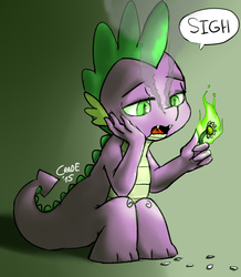 Size: 724x829 | Tagged: safe, artist:crade, spike, g4, fire, flower, male, sad, solo