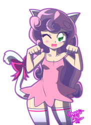 Size: 2915x4000 | Tagged: safe, artist:danmakuman, sweetie belle, human, g4, catgirl, clothes, cute, diasweetes, dress, female, humanized, kitty belle, one eye closed, open mouth, simple background, solo, transparent background