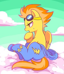 Size: 598x700 | Tagged: dead source, safe, artist:semi-kon, spitfire, pegasus, pony, g4, clothes, cloud, female, goggles, mare, on a cloud, open mouth, pensive, sitting, sky, solo, stupid sexy spitfire, sweat, undressing, wonderbolts uniform