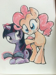 Size: 768x1024 | Tagged: safe, artist:ume89s, pinkie pie, twilight sparkle, g4, book, traditional art, watercolor painting