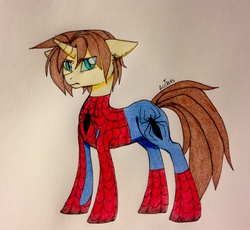 Size: 2491x2289 | Tagged: safe, artist:ameliacostanza, pony, unicorn, clothes, floppy ears, high res, male, peter parker, ponified, slit pupils, solo, spider-man, spiders and magic iv: the fall of spider-mane, spiders and magic: rise of spider-mane, stallion, traditional art