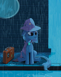 Size: 819x1024 | Tagged: dead source, safe, artist:maggwai, trixie, pony, unicorn, g4, cape, clothes, female, frown, hat, luggage stickers, rain, sad, sitting, solo, suitcase, trixie's cape, trixie's hat, wet