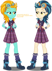 Size: 4167x5687 | Tagged: safe, artist:xebck, edit, indigo zap, lightning dust, equestria girls, g4, my little pony equestria girls: friendship games, absurd resolution, clothes, comparison, crystal prep academy uniform, ear piercing, earring, equestria girls-ified, goggles, jewelry, piercing, plaid skirt, pleated skirt, rainbow dash's counterparts, school uniform, shoes, simple background, skirt, sneakers, socks, transparent background, vector