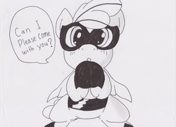 Size: 3333x2409 | Tagged: safe, artist:ponysubmarine, humdrum, g4, :o, begging, cute, high res, humdrum costume, looking at you, monochrome, power ponies, request, solo, traditional art