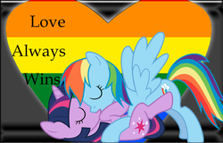 Size: 1164x746 | Tagged: safe, artist:algonquinmaniac, artist:darknessthehedgehog3, rainbow dash, twilight sparkle, pegasus, pony, unicorn, g4, 1000 hours in ms paint, cutie mark, eyes closed, female, gay pride, gay pride flag, lesbian, lgbt, lovewins, mouthpiece, ms paint, obergefell v. hodges, pride, ship:twidash, shipping, unicorn twilight, vector