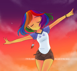Size: 1200x1119 | Tagged: safe, artist:framboosi, rainbow dash, human, g4, tanks for the memories, cloud, cute, dashabetes, eyes closed, female, humanized, i'll fly, sky, solo, sunset, tears of joy