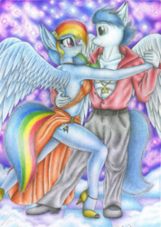 Size: 1280x1795 | Tagged: safe, artist:sinaherib, rainbow dash, soarin', anthro, g4, bocas top, breasts, cleavage, clothes, dancing, duo, feet, female, high heels, male, midriff, nail polish, open-toed shoes, ship:soarindash, shipping, shoes, side slit, sideboob, straight, tango, toenail polish, toes, topless, traditional art