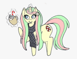 Size: 1000x766 | Tagged: safe, artist:depressedcomedian, oc, oc only, oc:sweet september, candy cane, cinnamon bun, clothes, hair accessory, hot chocolate, magic, ponysona, scarf, solo, whipped cream
