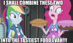 Size: 754x444 | Tagged: safe, screencap, pinkie pie, rainbow dash, equestria girls, g4, my little pony equestria girls: friendship games, cake, female, image macro, meme, pie