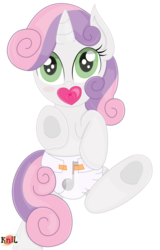 Size: 716x1116 | Tagged: dead source, safe, artist:the-crusader-network, sweetie belle, g4, baby belle, cute, daaaaaaaaaaaw, decorated diaper, diaper, diapered, diapered filly, eighth note, foal, heart pacifier, music note diaper, music notes, pacifier, white diaper
