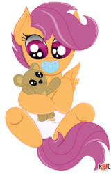 Size: 714x1119 | Tagged: safe, artist:the-crusader-network, scootaloo, pegasus, pony, g4, crinkleloo, diaper, foal, pacifier, teddy bear