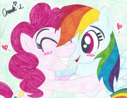 Size: 3280x2544 | Tagged: safe, artist:htfwhiskersthecat, pinkie pie, rainbow dash, g4, female, heart, high res, lesbian, ship:pinkiedash, shipping, traditional art