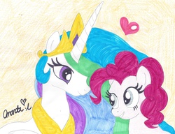 Size: 3021x2321 | Tagged: safe, artist:htfwhiskersthecat, pinkie pie, princess celestia, g4, heart, high res, traditional art