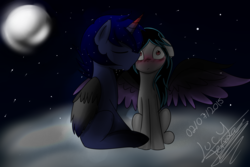 Size: 1800x1200 | Tagged: safe, artist:scarlett-letter, oc, oc:moon shadow, oc:rose keyblade, alicorn, pony, alicorn oc, blushing, cheek kiss, cloud, couple, ethereal mane, female, kissing, male, mare, moon, oc x oc, offspring, offspring shipping, parent:king sombra, parent:princess luna, parents:lumbra, shipping, spread wings, stallion, starry mane, wingboner, wings