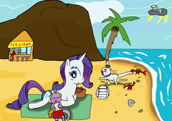 Size: 5863x4102 | Tagged: safe, artist:helsaabi, derpy hooves, opalescence, peewee, rarity, spike, pegasus, pony, g4, absurd resolution, beach, female, mare, sleeping