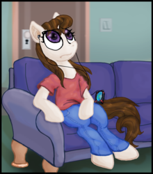 Size: 605x687 | Tagged: safe, artist:supersheep64, oc, oc only, oc:dj martinez, all-american girl, bored, brown mane, clothes, couch, earbuds, human posture, jeans, mp3 player, purple eyes, t-shirt