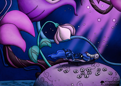 Size: 1000x712 | Tagged: safe, artist:rockingscorpion, princess luna, alicorn, pony, do princesses dream of magic sheep, g4, female, flower, giant flower, luna's dream, mare, night, sleeping, solo