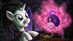 Size: 640x360 | Tagged: safe, artist:giantmosquito, edit, pinkie pie, oc, oc:sixtoh, genie, pony, unicorn, g4, deepdream, djinn, dream, duo, grin, lamp, magic lamp, smiling, surreal