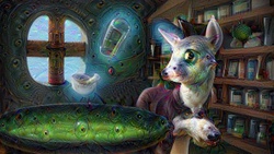 Size: 640x360 | Tagged: safe, artist:giantmosquito, edit, oc, oc only, pony, unicorn, cauldron, deepdream, dream, mortar and pestle, pot, potion, shelf, solo, surreal