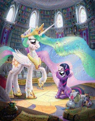 Size: 640x817 | Tagged: source needed, safe, artist:giantmosquito, edit, princess celestia, twilight sparkle, g4, :o, book, cute, deepdream, dream, eye contact, filly, interior, library, looking up, open mouth, raised hoof, saddle bag, scroll, sitting, smiling, surreal, twiabetes, younger