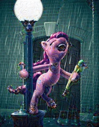 Size: 640x822 | Tagged: safe, artist:giantmosquito, edit, pinkie pie, earth pony, pony, g4, bipedal, deepdream, eyes closed, female, lamppost, open mouth, parody, rain, singin' in the rain, singing, smiling, solo, streetlight, surreal, umbrella, wat, wet, wet mane