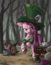 Size: 640x804 | Tagged: safe, artist:ponyhell, edit, madame leflour, pinkie pie, rocky, earth pony, pony, g4, party of one, alice in wonderland, angry, bowtie, clothes, costume, cufflinks, cup, deepdream, female, forest, forest background, hat, mad hatter, mad hatter hat, parody, pinkamena diane pie, scowl, solo, straight mane, surreal, table, tea party, teacup, top hat