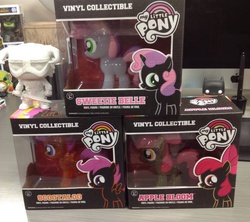 Size: 647x575 | Tagged: safe, apple bloom, scootaloo, sweetie belle, g4, cutie mark crusaders, funko, glitter, irl, photo, toy