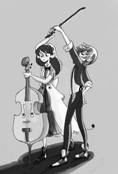 Size: 2448x3612 | Tagged: safe, artist:thedodobirdsong, dj pon-3, octavia melody, vinyl scratch, human, g4, cello, converse, high res, humanized, monochrome, musical instrument