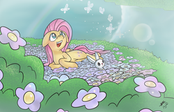 Size: 3315x2145 | Tagged: safe, artist:mrscurlystyles, artist:nayolfa, angel bunny, fluttershy, butterfly, pony, g4, collaboration, cute, dreamscape, dreamy, flower, flower field, flower patch, high res, looking at something, looking up, lying down, open mouth, prone, river