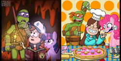 Size: 1600x806 | Tagged: safe, artist:moominded, pinkie pie, twilight sparkle, g4, crossover, cupcake, dipper pines, donatello, gravity falls, journal #3, mabel pines, male, michelangelo, pizza, teenage mutant ninja turtles