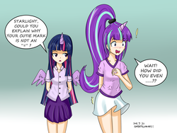 Size: 1600x1200 | Tagged: safe, artist:vanillafox2035, starlight glimmer, twilight sparkle, alicorn, human, g4, the cutie map, blushing, clothes, dialogue, embarrassed, horn, horned humanization, humanized, skirt, twilight sparkle (alicorn), winged humanization