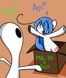 Size: 1200x1400 | Tagged: safe, artist:fullmetalpikmin, oc, oc only, oc:mal, alien, pony, ayy lmao, bipedal, box, hair over one eye, open mouth, pony in a box, smiling, wide eyes