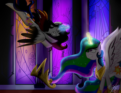 Size: 1300x1000 | Tagged: safe, artist:scarlett-letter, princess celestia, oc, oc:scarlett letter, alicorn, pony, g4, alicorn oc, alicorn princess, castle, fanfic, fanfic art, fanfiction idea, fight, magic, this will end in pain, this will end in tears and/or death