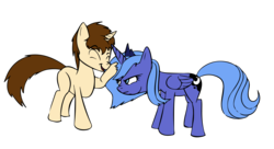 Size: 4346x2358 | Tagged: safe, artist:edcom02, princess luna, alicorn, pony, unicorn, spiders and magic: rise of spider-mane, g4, annoyed, chuckle, crossover, crossover shipping, male, pat, peter parker, ponified, s1 luna, simple background, spider-man, spiderluna, transparent background