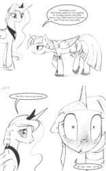 Size: 1280x2048 | Tagged: safe, artist:silfoe, princess luna, twilight sparkle, alicorn, pony, royal sketchbook, g4, bedroom eyes, blushing, clothes, dialogue, female, floppy ears, frown, grayscale, lesbian, looking back, mare, monochrome, puppy dog eyes, sad, ship:twiluna, shipping, sketch, slippers, socks, speech bubble, twilight sparkle (alicorn), wide eyes