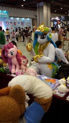 Size: 540x960 | Tagged: safe, artist:hutouluosha, fluttershy, pinkie pie, princess celestia, human, g4, chinese, evilcat(photographers), furry, fursuit, guangzhou furrycon, irl, irl human, photo, yukandasama(coser)