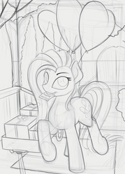 Size: 944x1320 | Tagged: safe, artist:yakovlev-vad, pinkie pie, earth pony, pony, g4, balloon, female, looking at you, monochrome, mouth hold, pinkamena diane pie, raised hoof, sketch, smiling, smirk, solo, wip