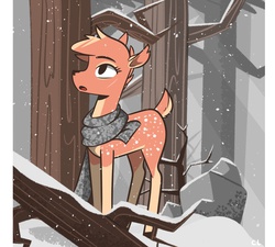 Size: 3220x2894 | Tagged: safe, artist:candylux, oc, oc only, oc:heather, deer, clothes, forest, high res, scar, scarf, snow, snowfall, solo