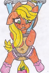 Size: 2337x3466 | Tagged: safe, artist:cuddlelamb, applejack, g4, baby bouncer, booties, diaper, female, high res, non-baby in diaper, pony price company, solo, traditional art