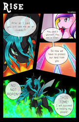 Size: 1500x2312 | Tagged: safe, artist:vavacung, princess cadance, queen chrysalis, twilight sparkle, alicorn, changeling, changeling queen, pony, unicorn, comic:to love alicorn, g4, comic, faceles male, faceles ponie, female, fire, glowing, glowing horn, green fire, horn, magic, male, mare, offscreen character, royal guard, stallion, telekinesis, twilight sparkle (alicorn)