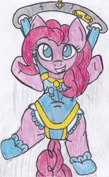 Size: 2165x3503 | Tagged: safe, artist:cuddlelamb, pinkie pie, g4, baby bouncer, booties, diaper, female, high res, non-baby in diaper, pony price company, solo, traditional art