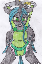 Size: 2313x3474 | Tagged: safe, artist:cuddlelamb, queen chrysalis, changeling, g4, baby bouncer, diaper, female, high res, non-baby in diaper, pony price company, solo, traditional art