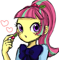 Size: 568x577 | Tagged: safe, artist:nayu, sour sweet, equestria girls, g4, my little pony equestria girls: friendship games, bowtie, cherry, cute, female, heart, looking at you, pixiv, ponytail, simple background, solo, sourbetes, white background