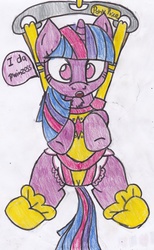 Size: 2141x3470 | Tagged: safe, artist:cuddlelamb, twilight sparkle, g4, baby bouncer, booties, diaper, female, high res, non-baby in diaper, pony price company, solo, traditional art